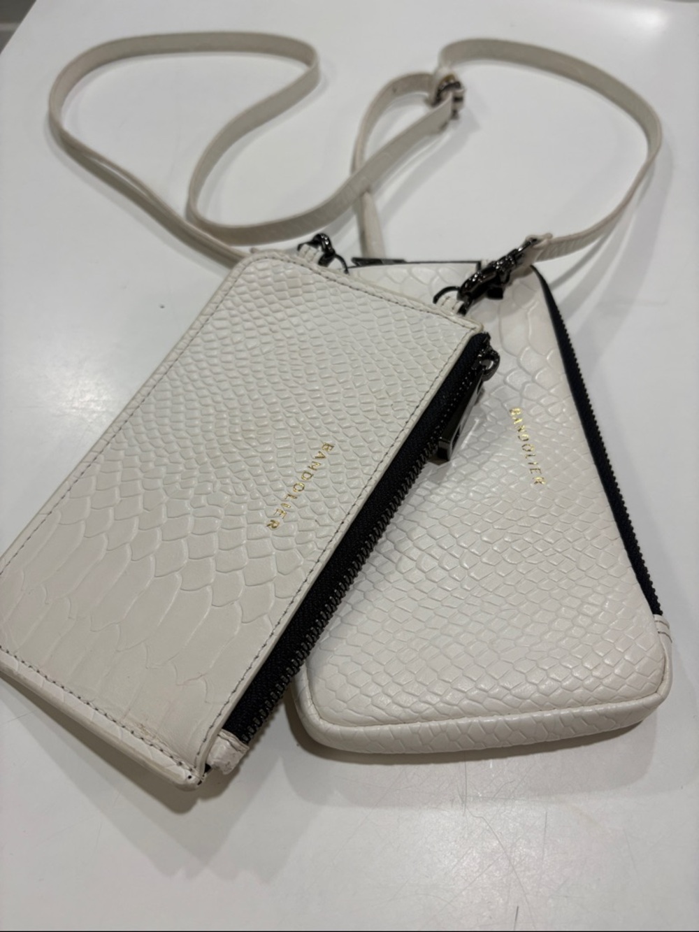 Bandolier ivory reptile design expandable zip pouch + pouch with strap—2 pouches